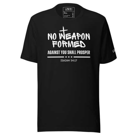 Men's Christian T-Shirt with Isaiah 54:17: No weapon formed against you shall prosper. Black