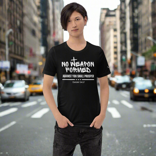 Men's Christian T-Shirt with Isaiah 54:17: No weapon formed against you shall prosper. Black