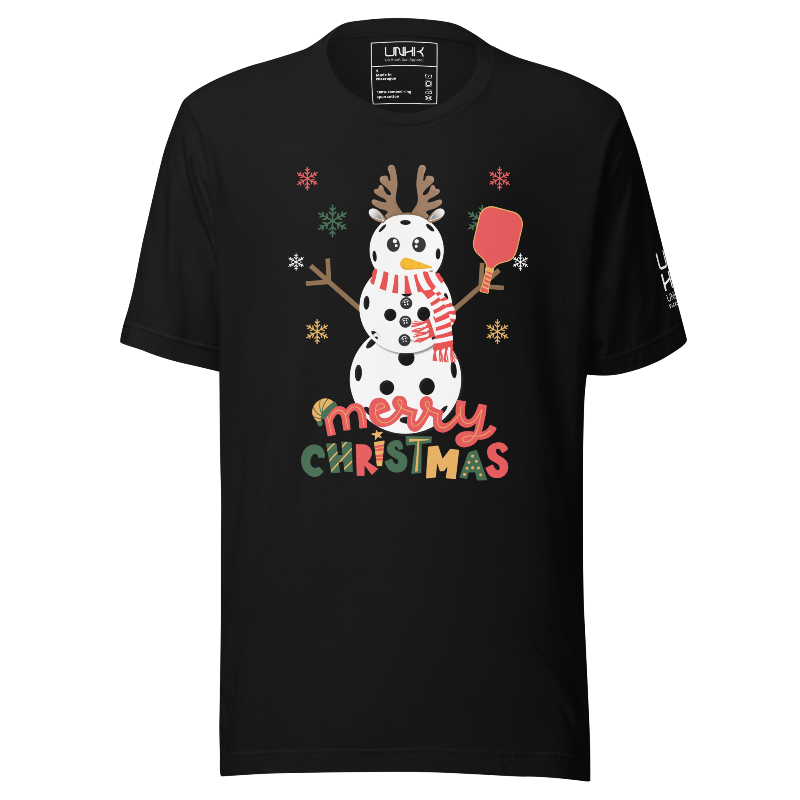 Merry Christmas Pickleball Snowman Cotton Tee | Black
