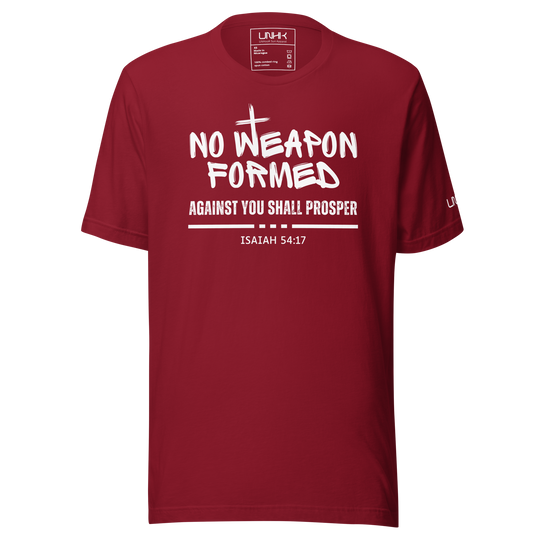 Men's Christian T-Shirt with Isaiah 54:17: No weapon formed against you shall prosper. Red