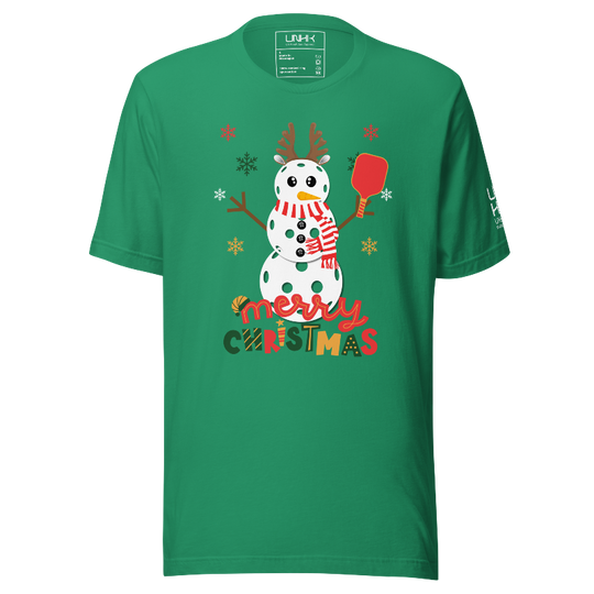 Merry Christmas Pickleball Snowman Cotton Tee | Green