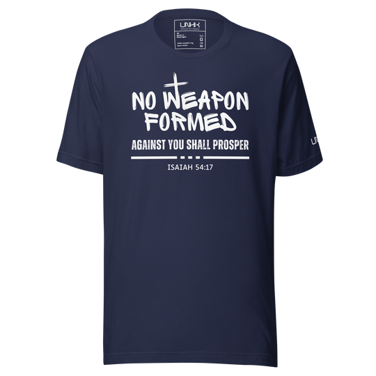Men's Christian T-Shirt with Isaiah 54:17: No weapon formed against you shall prosper. Navy