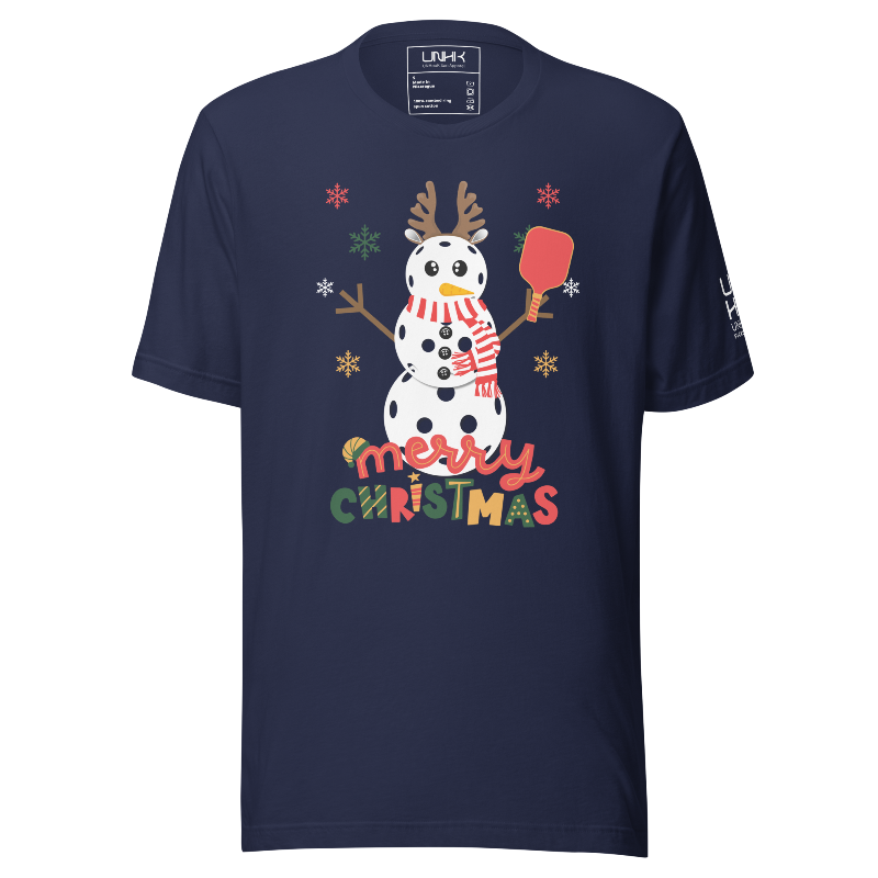 Merry Christmas Pickleball Snowman Cotton Tee | Navy