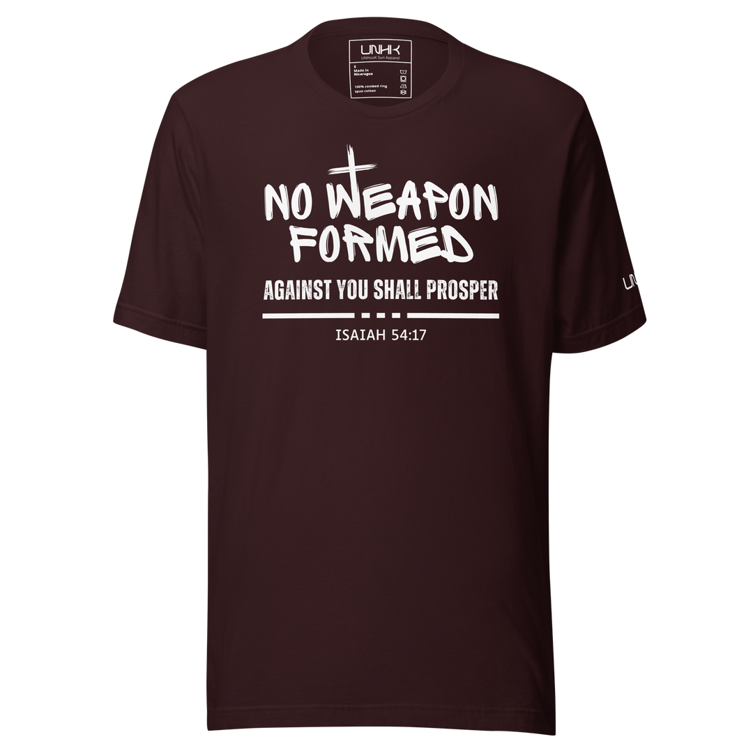Men's Christian T-Shirt with Isaiah 54:17: No weapon formed against you shall prosper. Black