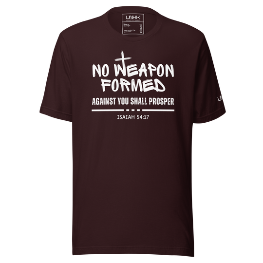 Men's Christian T-Shirt with Isaiah 54:17: No weapon formed against you shall prosper. Black